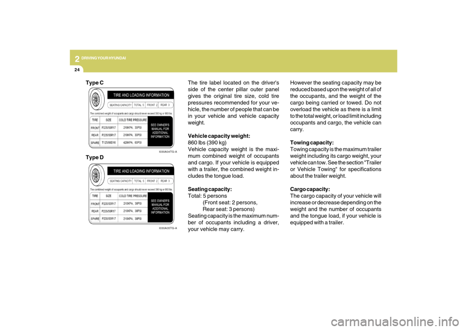 Hyundai Azera 2009 Owners Manual 2
DRIVING YOUR HYUNDAI
24
The tire label located on the drivers
side of the center pillar outer panel
gives the original tire size, cold tire
pressures recommended for your ve-
hicle, the number of p Hyundai Azera 2009 Owners Manual 2
DRIVING YOUR HYUNDAI
24
The tire label located on the drivers
side of the center pillar outer panel
gives the original tire size, cold tire
pressures recommended for your ve-
hicle, the number of p