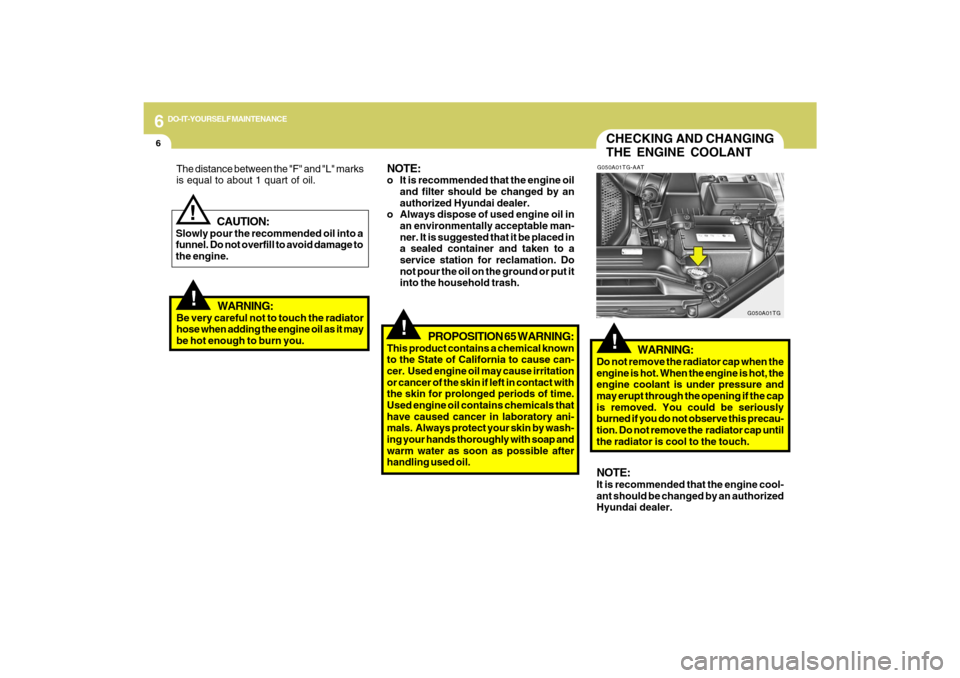 Hyundai Azera 2009 Owners Manual 6
DO-IT-YOURSELF MAINTENANCE
6
CHECKING AND CHANGING
THE ENGINE COOLANT!
G050A01TG-AAT
WARNING:
Do not remove the radiator cap when the
engine is hot. When the engine is hot, the
engine coolant is und Hyundai Azera 2009 Owners Manual 6
DO-IT-YOURSELF MAINTENANCE
6
CHECKING AND CHANGING
THE ENGINE COOLANT!
G050A01TG-AAT
WARNING:
Do not remove the radiator cap when the
engine is hot. When the engine is hot, the
engine coolant is und