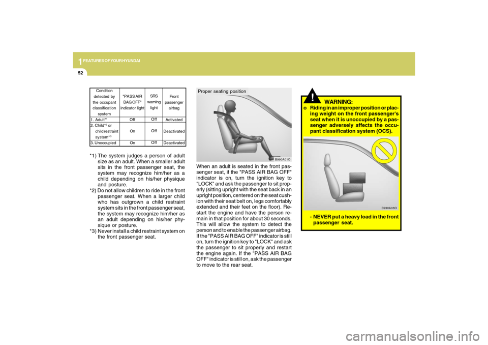 Hyundai Azera 2009 Owners Manual 1FEATURES OF YOUR HYUNDAI52
- NEVER put a heavy load in the front
passenger seat.
B990A08O
!
WARNING:
o Riding in an improper position or plac-
ing weight on the front passengers
seat when it is unoc Hyundai Azera 2009 Owners Manual 1FEATURES OF YOUR HYUNDAI52
- NEVER put a heavy load in the front
passenger seat.
B990A08O
!
WARNING:
o Riding in an improper position or plac-
ing weight on the front passengers
seat when it is unoc
