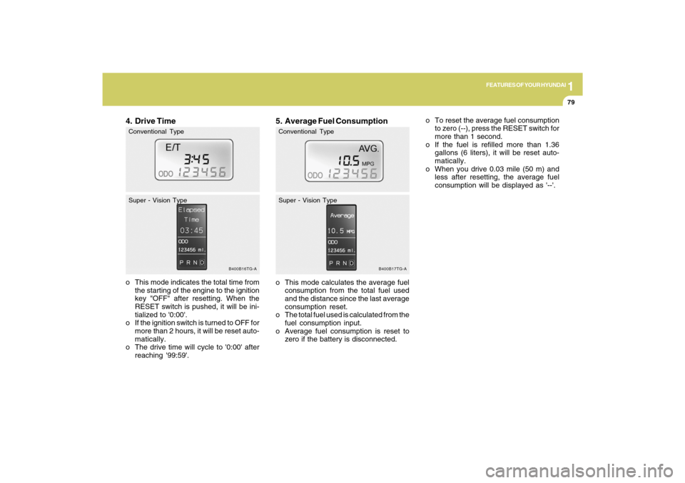 Hyundai Azera 2009 Owners Manual 1
FEATURES OF YOUR HYUNDAI
79
5. Average Fuel Consumptiono This mode calculates the average fuel
consumption from the total fuel used
and the distance since the last average
consumption reset.
o The t Hyundai Azera 2009 Owners Manual 1
FEATURES OF YOUR HYUNDAI
79
5. Average Fuel Consumptiono This mode calculates the average fuel
consumption from the total fuel used
and the distance since the last average
consumption reset.
o The t