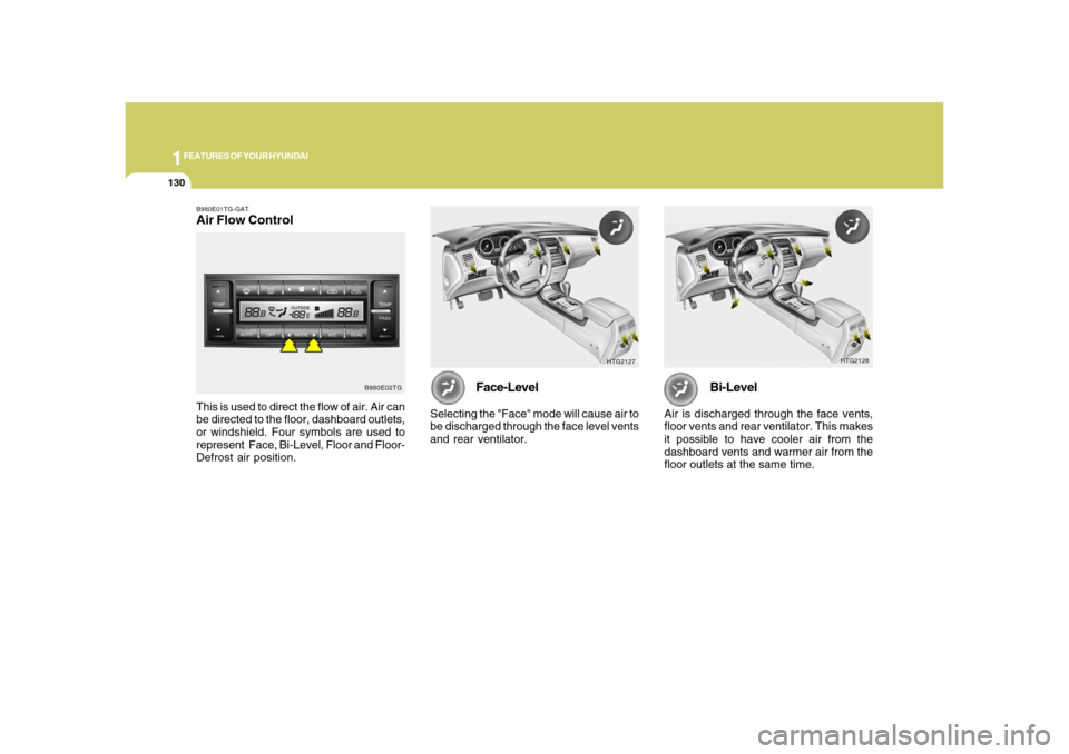 Hyundai Azera 2008  Owners Manual 1FEATURES OF YOUR HYUNDAI
130
HTG2128
Bi-Level
Air is discharged through the face vents,
floor vents and rear ventilator. This makes
it possible to have cooler air from the
dashboard vents and warmer 