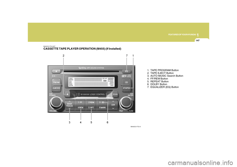 Hyundai Azera 2008  Owners Manual 1
FEATURES OF YOUR HYUNDAI
147147
M455C01TG-GATCASSETTE TAPE PLAYER OPERATION (M455) (If Installed)
1. TAPE PROGRAM Button
2. TAPE EJECT Button
3. AUTO MUSIC Search Button
4. FF/REW Button
5. REPEAT B