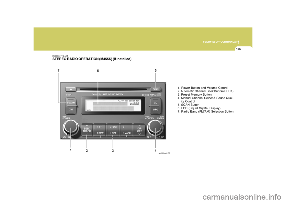 Hyundai Azera 2008  Owners Manual 1
FEATURES OF YOUR HYUNDAI
175175
M455SA01TG-AATSTEREO RADIO OPERATION (M455S) (If Installed)
1. Power Button and Volume Control
2. Automatic Channel Seek Button (SEEK)
3. Preset Memory Button
4. Manu