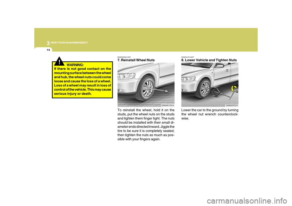 Hyundai Azera 2008  Owners Manual 314
WHAT TO DO IN AN EMERGENCY
D060I01E-AAT8. Lower Vehicle and Tighten Nuts
Lower the car to the ground by turning
the wheel nut wrench counterclock-
wise.
D060I03TG-A
D060H02O-AAT7. Reinstall Wheel 
