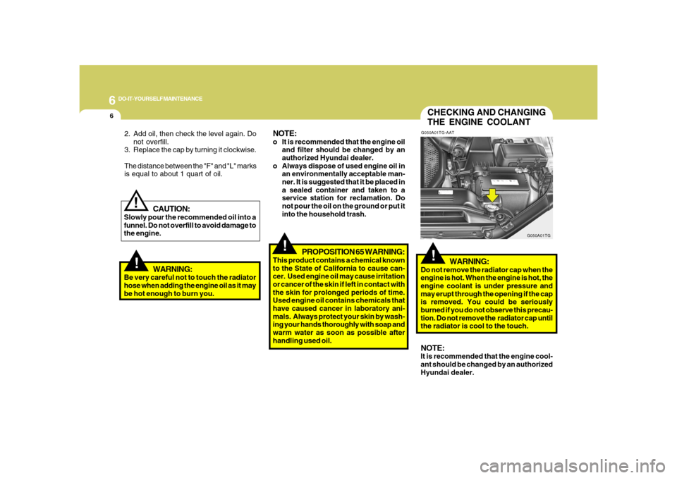 Hyundai Azera 2008  Owners Manual 6
DO-IT-YOURSELF MAINTENANCE
6
CHECKING AND CHANGING
THE ENGINE COOLANT!
G050A01TG-AAT
WARNING:
Do not remove the radiator cap when the
engine is hot. When the engine is hot, the
engine coolant is und