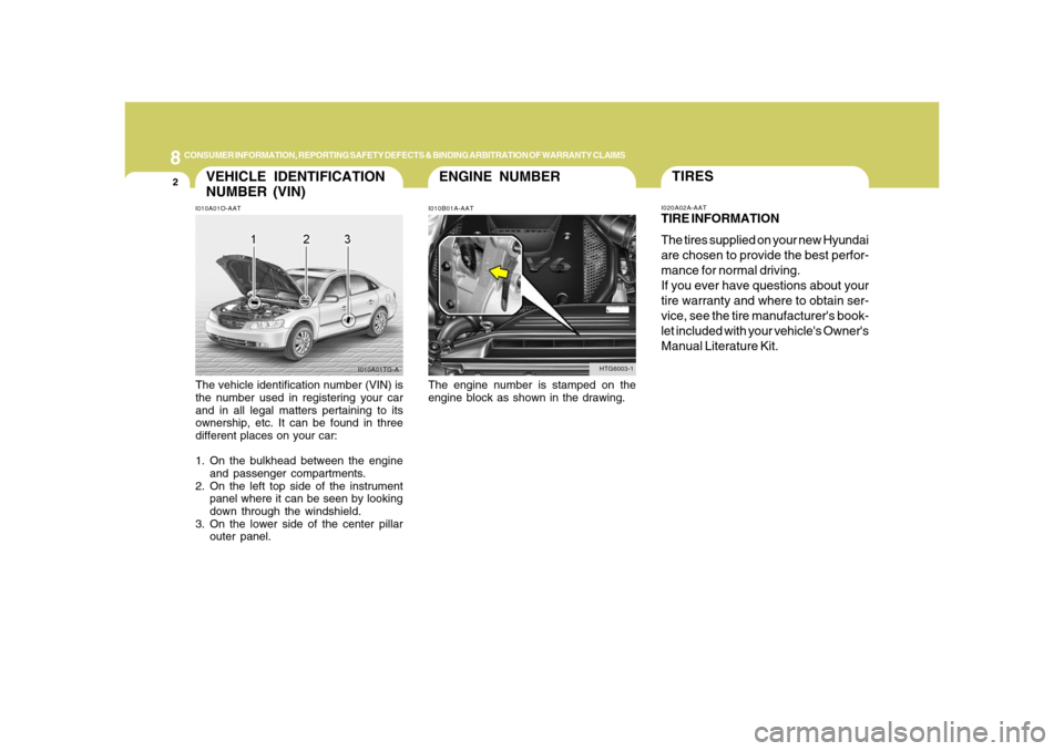 Hyundai Azera 2008  Owners Manual 8
CONSUMER INFORMATION, REPORTING SAFETY DEFECTS & BINDING ARBITRATION OF WARRANTY CLAIMS2
ENGINE NUMBER
VEHICLE IDENTIFICATION
NUMBER (VIN)
I010B01A-AAT I010A01O-AAT
The vehicle identification number