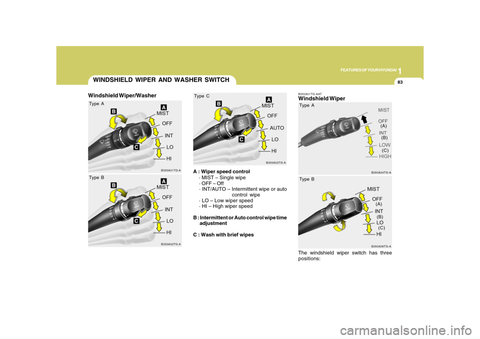 Hyundai Azera 2008  Owners Manual 1
FEATURES OF YOUR HYUNDAI
83
B350A01TG-AAT
WINDSHIELD WIPER AND WASHER SWITCH
B355A01TG-A
Type A
B355A02TG-A
Type B
B355A03TG-A
Type CA : Wiper speed control
    · MIST – Single wipe
 · OFF – O