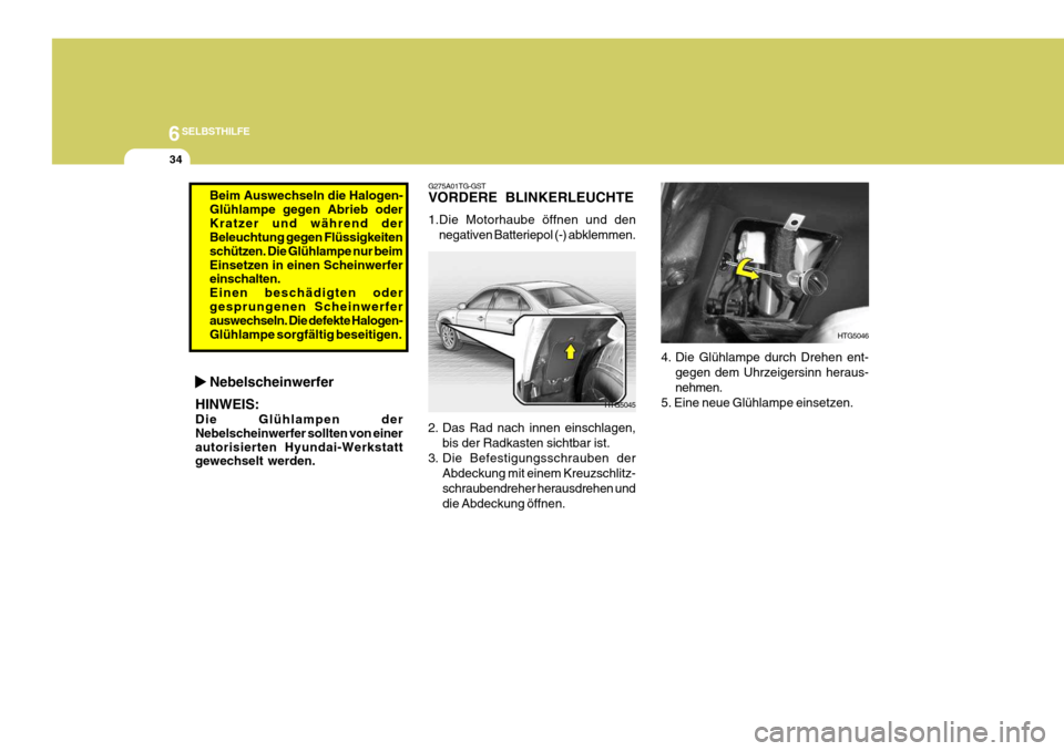 Hyundai Azera 2008  Betriebsanleitung (in German) 6SELBSTHILFE
34
4. Die Glühlampe durch Drehen ent-gegen dem Uhrzeigersinn heraus- nehmen.
5. Eine neue Glühlampe einsetzen.
HTG5046
G275A01TG-GST VORDERE BLINKERLEUCHTE 1.Die Motorhaube öffnen und 