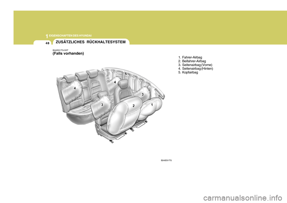 Hyundai Azera 2008  Betriebsanleitung (in German) 1EIGENSCHAFTEN DES HYUNDAI
48ZUSÄTZLICHES RÜCKHALTESYSTEM
1. Fahrer-Airbag 
2. Beifahrer-Airbag
3. Seitenairbag (Vorne) 
4. Seitenairbag (Hinten) 
5. Kopfairbag
B240D01TG
B240D01TG-GST (Falls vorhan