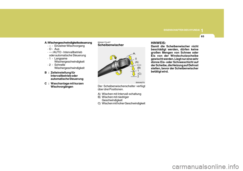 Hyundai Azera 2008  Betriebsanleitung (in German) 1
EIGENSCHAFTEN DES HYUNDAI
85
A : Wischergeschwindigkeitssteuerung ·
- Einzelner Wischvorgang
· O - Aus 
· --- /AUTO - Intervallbetrieb oder automatische Steuerung
· 1 - Langsame Wischergeschwind