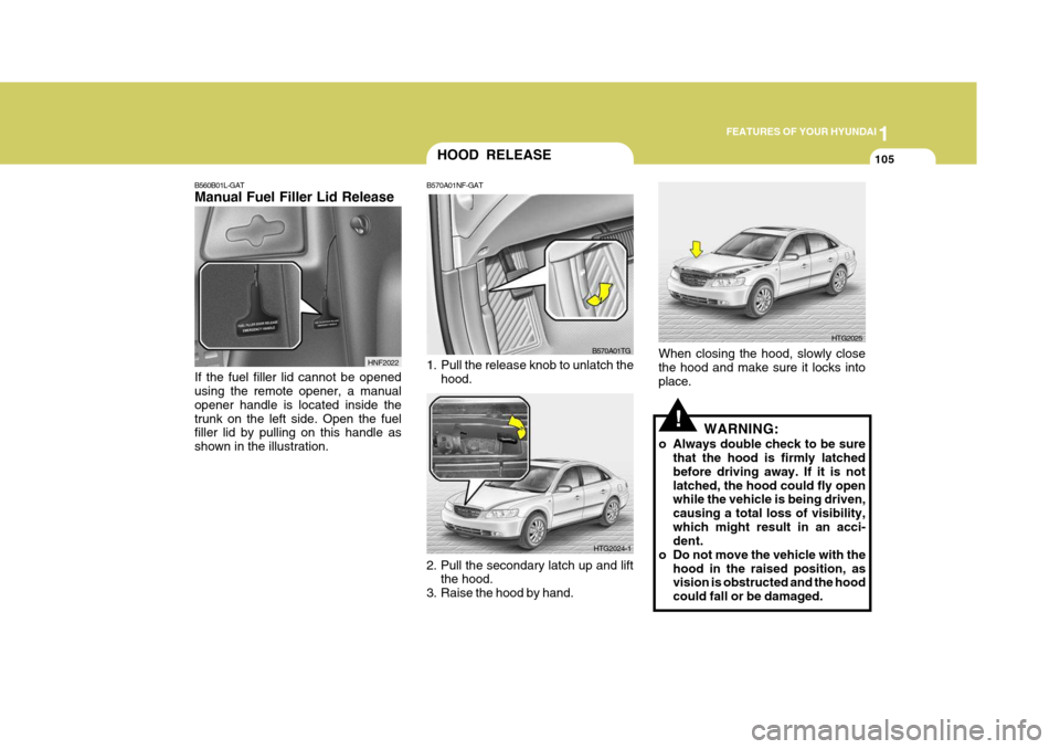Hyundai Azera 2005  Owners Manual 1
FEATURES OF YOUR HYUNDAI
105
!
HOOD RELEASE
B570A01NF-GAT 
1. Pull the release knob to unlatch the hood.
2. Pull the secondary latch up and lift the hood.
3. Raise the hood by hand. B570A01TG
HTG202