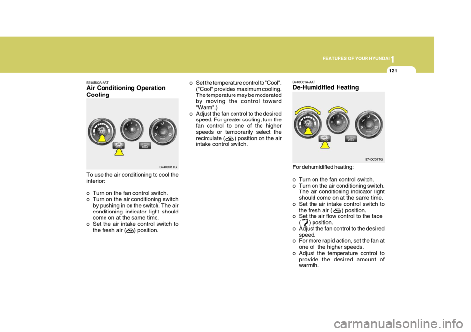 Hyundai Azera 2005  Owners Manual 1
FEATURES OF YOUR HYUNDAI
121
B740B02A-AAT Air Conditioning Operation Cooling To use the air conditioning to cool the interior: 
o Turn on the fan control switch. 
o Turn on the air conditioning swit