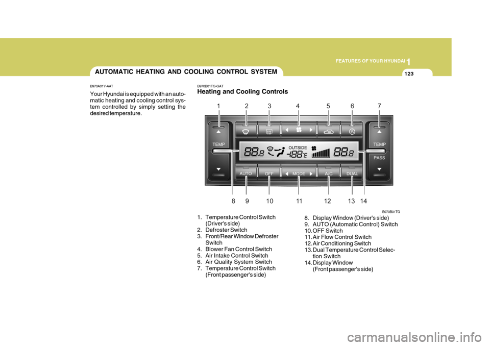 Hyundai Azera 2005  Owners Manual 1
FEATURES OF YOUR HYUNDAI
123AUTOMATIC HEATING AND COOLING CONTROL SYSTEM
B970A01Y-AAT Your Hyundai is equipped with an auto- matic heating and cooling control sys- tem controlled by simply setting t
