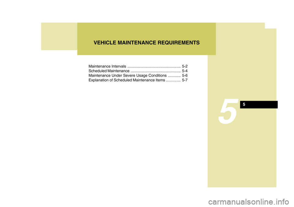 Hyundai Azera 2005  Owners Manual Maintenance Intervals .................................................. 5-2 
Scheduled Maintenance ............................................... 5-4
Maintenance Under Severe Usage Conditions ......