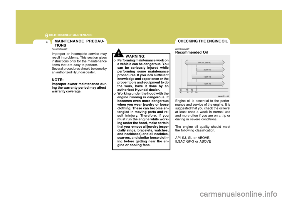 Hyundai Azera 2005  Owners Manual 6 DO-IT-YOURSELF MAINTENANCE
4MAINTENANCE PRECAU- TIONS
!
G020D01TG-GAT Improper or incomplete service may result in problems. This section gives instructions only for the maintenanceitems that are ea
