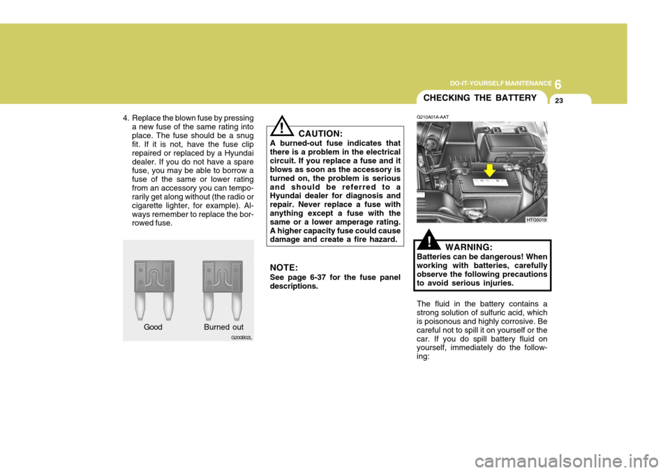 Hyundai Azera 2005  Owners Manual 6
DO-IT-YOURSELF MAINTENANCE
23
CAUTION:
A burned-out fuse indicates that there is a problem in the electricalcircuit. If you replace a fuse and it blows as soon as the accessory is turned on, the pro