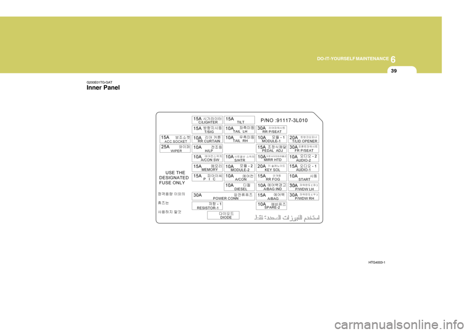 Hyundai Azera 2005  Owners Manual 6
DO-IT-YOURSELF MAINTENANCE
39
G200E01TG-GAT
Inner Panel
HTG4003-1  