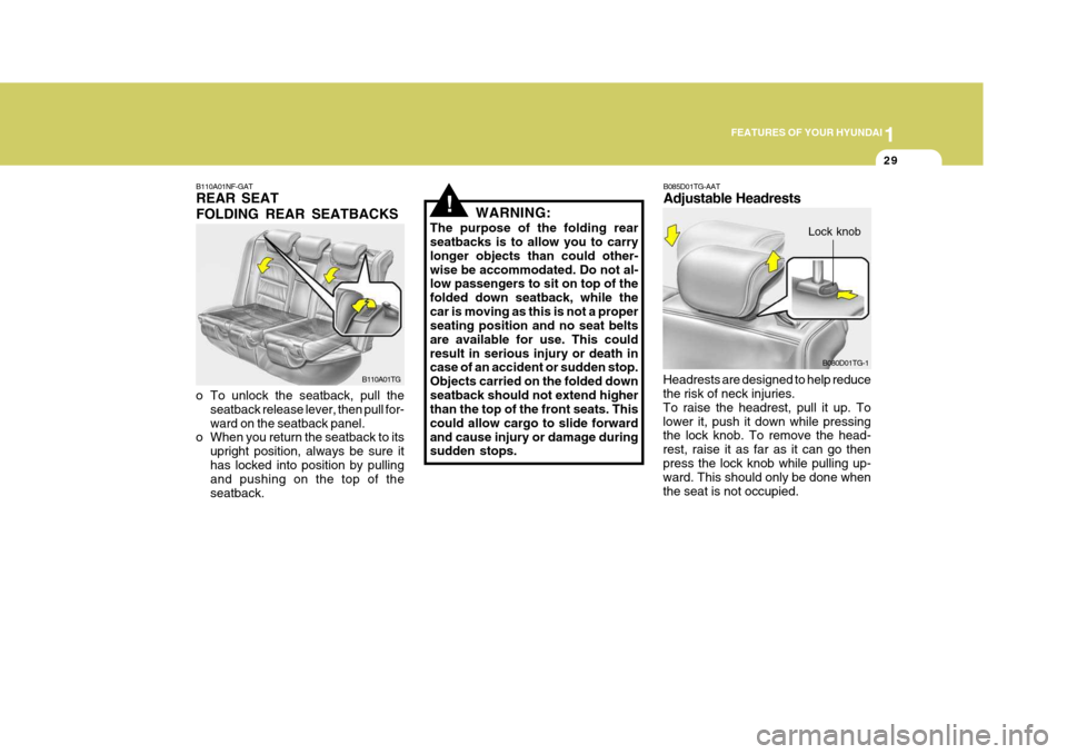 Hyundai Azera 2005  Owners Manual 1
FEATURES OF YOUR HYUNDAI
29
!WARNING:
The purpose of the folding rear seatbacks is to allow you to carry longer objects than could other-wise be accommodated. Do not al- low passengers to sit on top