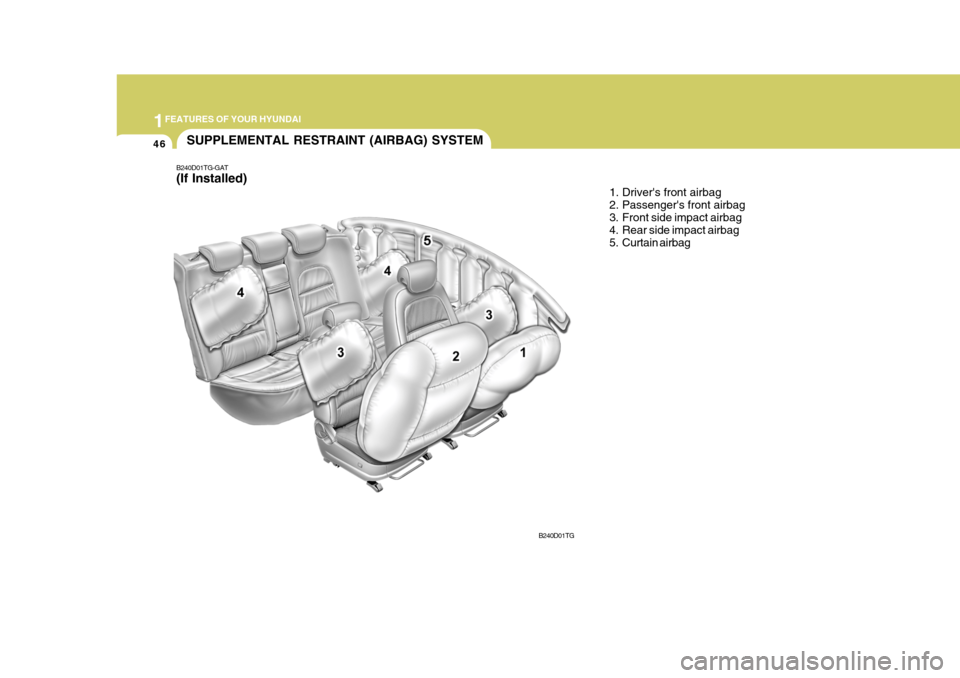 Hyundai Azera 2005  Owners Manual 1FEATURES OF YOUR HYUNDAI
46
B240D01TG-GAT (If Installed)
SUPPLEMENTAL RESTRAINT (AIRBAG) SYSTEM
1. Drivers front airbag 
2. Passengers front airbag
3. Front side impact airbag 
4. Rear side impact 