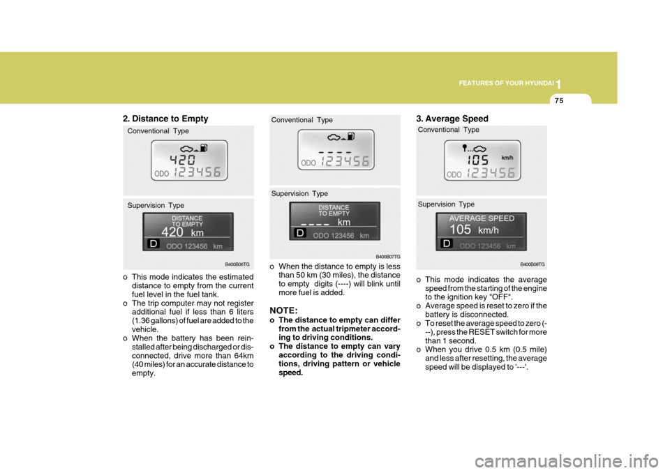 Hyundai Azera 2005 Owners Manual 1
FEATURES OF YOUR HYUNDAI
75
o When the distance to empty is less than 50 km (30 miles), the distance to empty digits (----) will blink untilmore fuel is added.
NOTE:
o The distance to empty can di Hyundai Azera 2005 Owners Manual 1
FEATURES OF YOUR HYUNDAI
75
o When the distance to empty is less than 50 km (30 miles), the distance to empty digits (----) will blink untilmore fuel is added.
NOTE:
o The distance to empty can di