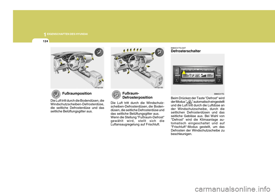 Hyundai Azera 2005  Betriebsanleitung (in German) 1EIGENSCHAFTEN DES HYUNDAI
124
Fußraum- Defrosterposition
Die Luft tritt durch die Windschutz- scheiben-Defrosterdüsen, die  Boden-düsen, die seitliche Defrosterdüse und das seitliche Belüftungsg