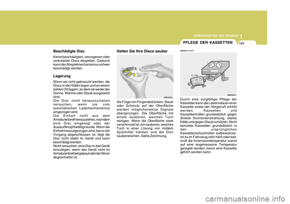Hyundai Azera 2005  Betriebsanleitung (in German) 1
EIGENSCHAFTEN DES HYUNDAI
131
1
EIGENSCHAFTEN DES HYUNDAI
131
1
EIGENSCHAFTEN DES HYUNDAI
131PFLEGE DER KASSETTEN
Durch eine sorgfältige Pflege der Kassetten kann die Lebensdauer einer Kassette sow