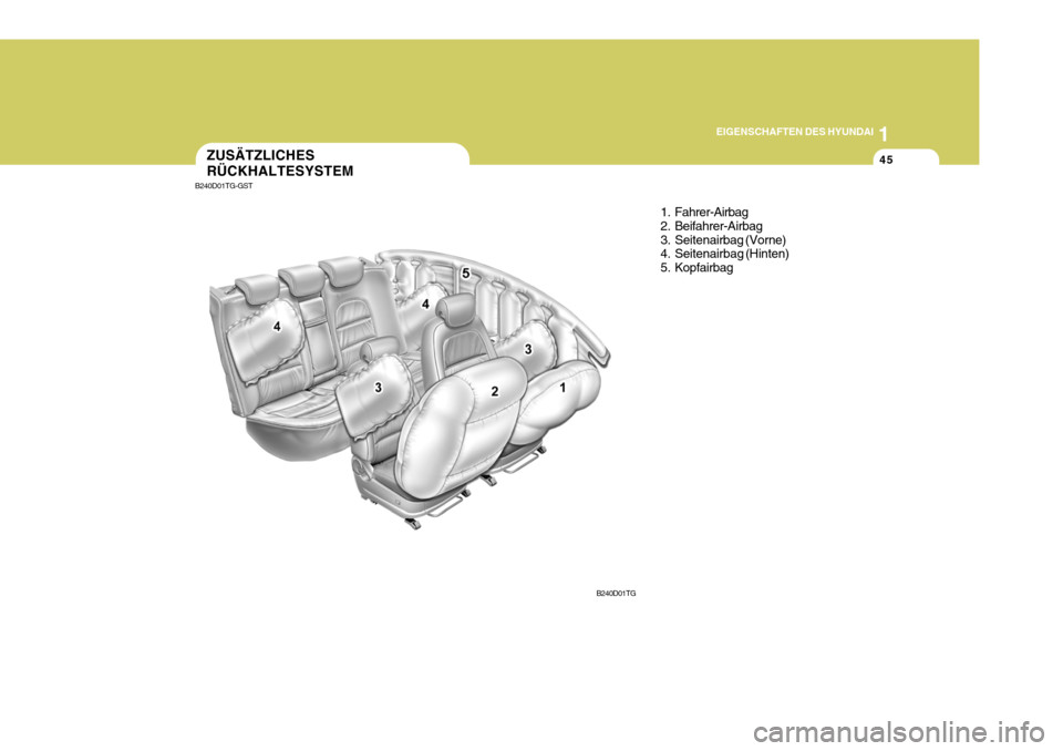 Hyundai Azera 2005  Betriebsanleitung (in German) 1
EIGENSCHAFTEN DES HYUNDAI
45ZUSÄTZLICHES RÜCKHALTESYSTEM
1. Fahrer-Airbag 
2. Beifahrer-Airbag
3. Seitenairbag (Vorne) 
4. Seitenairbag (Hinten) 
5. Kopfairbag
B240D01TG
B240D01TG-GST  