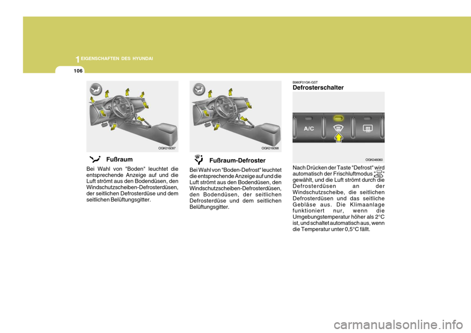 Hyundai Coupe 2008  Betriebsanleitung (in German) 1EIGENSCHAFTEN DES HYUNDAI
106
B980F01GK-GST Defrosterschalter Nach Drücken der Taste "Defrost" wird automatisch der Frischluftmodus "      " gewählt, und die Luft strömt durch dieDefrosterdüsen a
