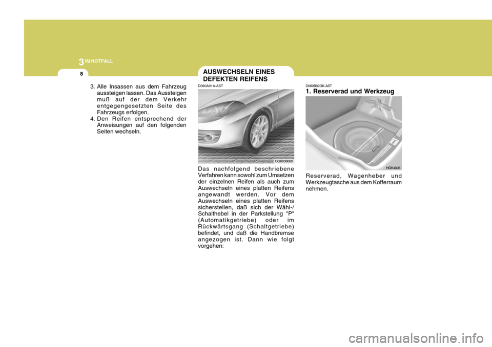 Hyundai Coupe 2008  Betriebsanleitung (in German) 3IM NOTFALL
8
D060A01A-ASTAUSWECHSELN EINES DEFEKTEN REIFENS
Das nachfolgend beschriebene Verfahren kann sowohl zum Umsetzen der einzelnen Reifen als auch zumAuswechseln eines platten Reifens angewand