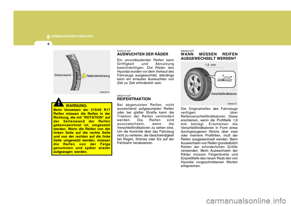 Hyundai Coupe 2008 Betriebsanleitung (in German) 8VERBRAUGHERIN FORMATION
6
I090A02S-GST WANN MÜSSEN REIFEN AUSGEWECHSELT WERDEN?
Die Originalreifen des Fahrzeugs
verfügen über
Reifenverschleißindikatoren. Diese erscheinen, wenn die Profiltief Hyundai Coupe 2008 Betriebsanleitung (in German) 8VERBRAUGHERIN FORMATION
6
I090A02S-GST WANN MÜSSEN REIFEN AUSGEWECHSELT WERDEN?
Die Originalreifen des Fahrzeugs
verfügen über
Reifenverschleißindikatoren. Diese erscheinen, wenn die Profiltief