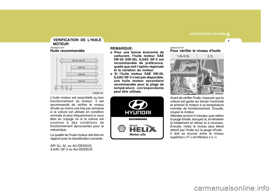 Hyundai Coupe 2008 Manuel du propriétaire (in French) 6
ENTRETIEN PAR VOS SOINS
7VERIFICATION DE LHUILE MOTEUR
G030A02O-GUT
Huile recommandée REMARQUE:
o Pour une bonne économie de carburant, lhuile moteur SAE 5W-20 (5W-30), ILSAC GF-3 est recommand Hyundai Coupe 2008 Manuel du propriétaire (in French) 6
ENTRETIEN PAR VOS SOINS
7VERIFICATION DE LHUILE MOTEUR
G030A02O-GUT
Huile recommandée REMARQUE:
o Pour une bonne économie de carburant, lhuile moteur SAE 5W-20 (5W-30), ILSAC GF-3 est recommand