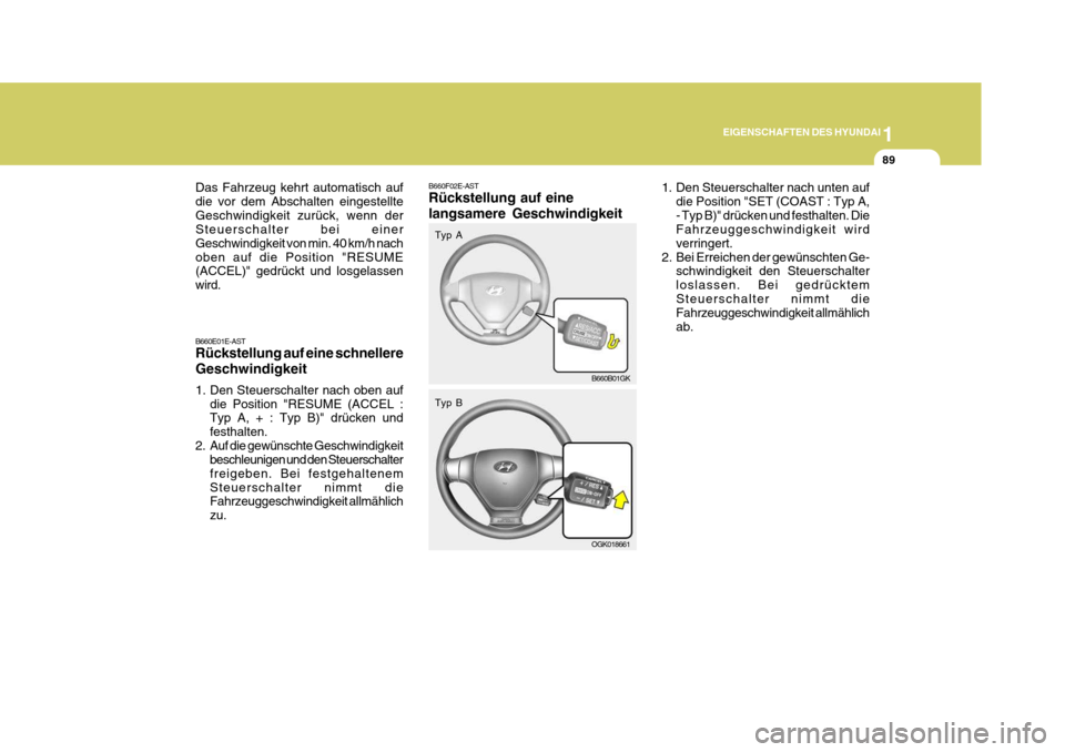 Hyundai Coupe 2007 Betriebsanleitung (in German) 1
EIGENSCHAFTEN DES HYUNDAI
89
Das Fahrzeug kehrt automatisch auf die vor dem Abschalten eingestellteGeschwindigkeit zurück, wenn der Steuerschalter bei einer Geschwindigkeit von min. 40 km/h nachobe Hyundai Coupe 2007 Betriebsanleitung (in German) 1
EIGENSCHAFTEN DES HYUNDAI
89
Das Fahrzeug kehrt automatisch auf die vor dem Abschalten eingestellteGeschwindigkeit zurück, wenn der Steuerschalter bei einer Geschwindigkeit von min. 40 km/h nachobe