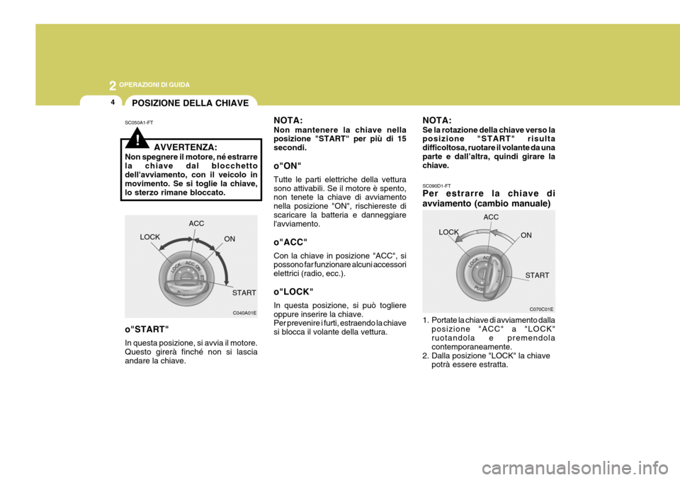 Hyundai Coupe 2007  Manuale del proprietario (in Italian) 2 OPERAZIONI DI GUIDA
4
!
NOTA: Non mantenere la chiave nella posizione "START" per più di 15 secondi. o"ON" Tutte le parti elettriche della vettura sono attivabili. Se il motore è spento, non tenet