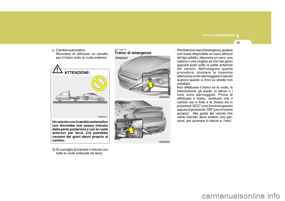 Hyundai Coupe 2007  Manuale del proprietario (in Italian) 3
IN CASO DI EMERGENZA
13
HGK4017
!
OGK066005
SD110A2-FT Traino di emergenza
Anteriori
o Cambio automatico:
Ricordare di utilizzare un carrello per il traino sotto le ruote anteriori.
ATTENZIONE:
Un v