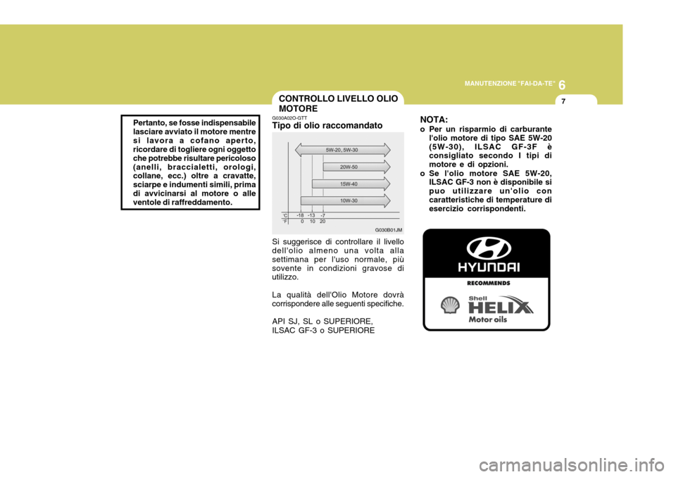 Hyundai Coupe 2007  Manuale del proprietario (in Italian) 6
MANUTENZIONE "FAI-DA-TE"
7CONTROLLO LIVELLO OLIO MOTORE
G030A02O-GTT Tipo di olio raccomandato Si suggerisce di controllare il livello
dellolio almeno una volta alla settimana per luso normale, pi