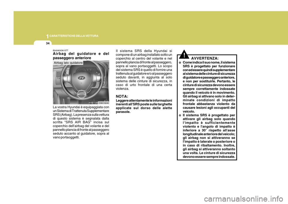 Hyundai Coupe 2007  Manuale del proprietario (in Italian) 1CARATTERISTICHE DELLA VETTURA
34
!
Il sistema SRS della Hyundai si compone di un airbag installato sotto uncoperchio al centro del volante e nel pannello plancia di fronte al passeggero, sopra al van