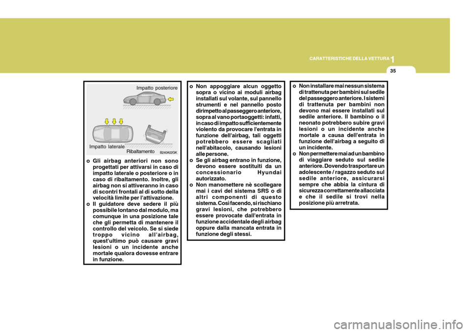 Hyundai Coupe 2007  Manuale del proprietario (in Italian) 1
CARATTERISTICHE DELLA VETTURA
35
o Non installare mai nessun sistema
di trattenuta per bambini sul sedile del passeggero anteriore. I sistemi di trattenuta per bambini nondevono mai essere installat