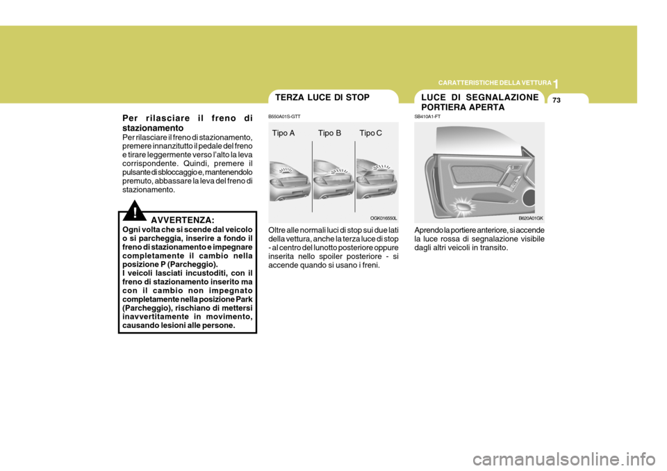 Hyundai Coupe 2007  Manuale del proprietario (in Italian) 1
CARATTERISTICHE DELLA VETTURA
73
!
LUCE DI SEGNALAZIONE PORTIERA APERTA
SB410A1-FT Aprendo la portiere anteriore, si accende la luce rossa di segnalazione visibiledagli altri veicoli in transito.
B6
