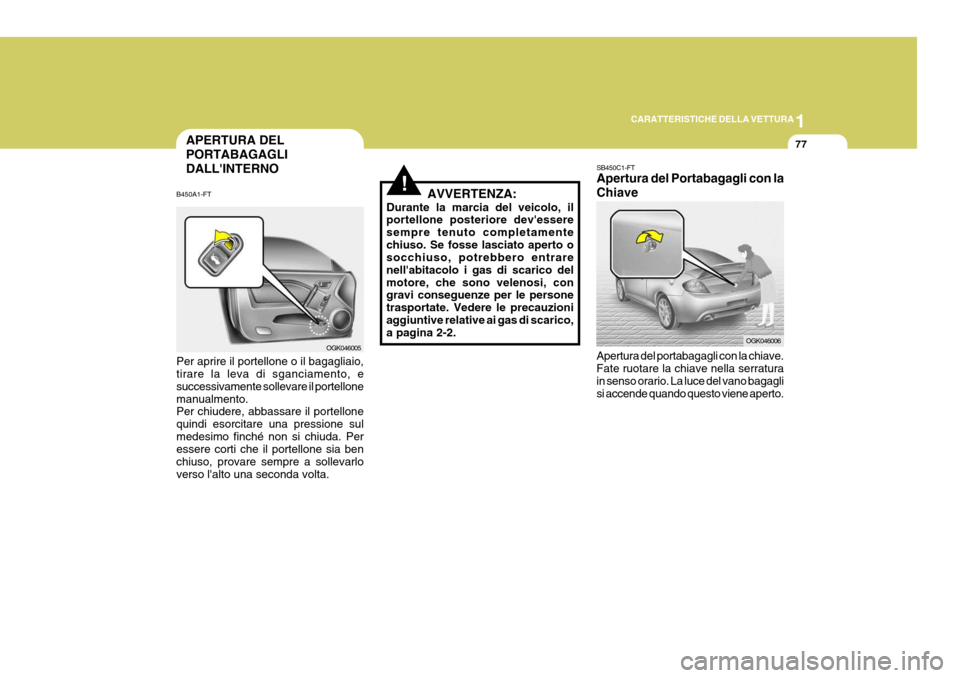 Hyundai Coupe 2007  Manuale del proprietario (in Italian) 1
CARATTERISTICHE DELLA VETTURA
77
!
SB450C1-FT Apertura del Portabagagli con la Chiave Apertura del portabagagli con la chiave. Fate ruotare la chiave nella serratura in senso orario. La luce del van