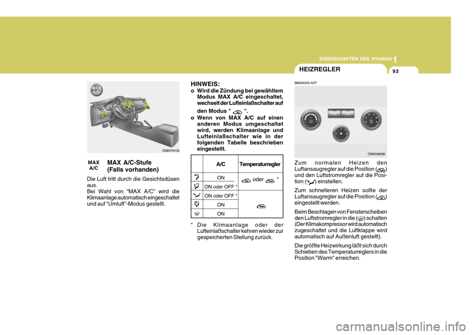 Hyundai Coupe 2006  Betriebsanleitung (in German) 1
EIGENSCHAFTEN DES HYUNDAI
93HEIZREGLER
B690A02S-AST Zum normalen Heizen den Luftansaugregler auf die Position (
)
und den Luftstromregler auf die Posi- tion (
) einstellen.
Zum schnelleren Heizen so