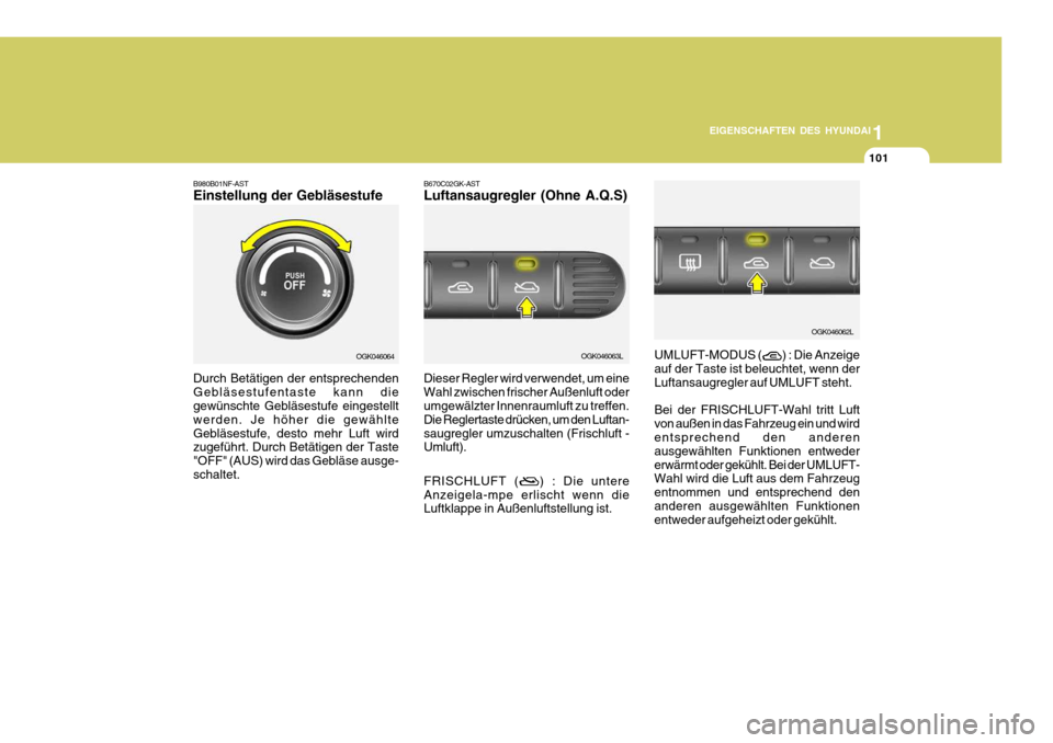 Hyundai Coupe 2006  Betriebsanleitung (in German) 1
EIGENSCHAFTEN DES HYUNDAI
101
B980B01NF-AST Einstellung der Gebläsestufe Durch Betätigen der entsprechenden Gebläsestufentaste kann die gewünschte Gebläsestufe eingestellt werden. Je höher die