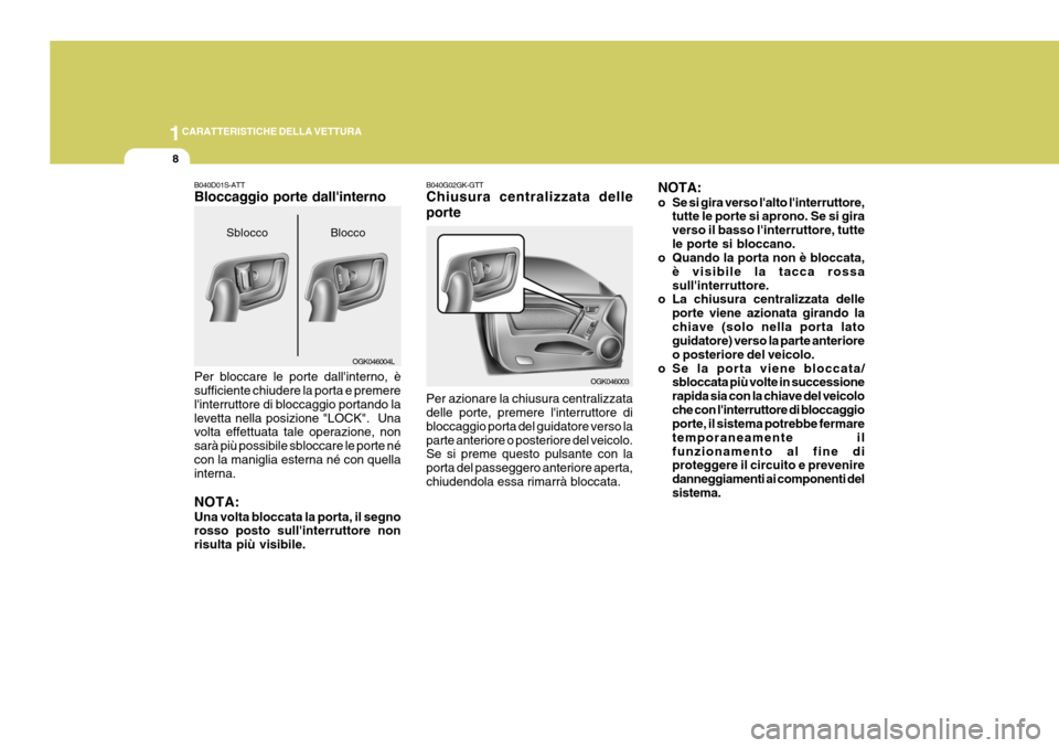 Hyundai Coupe 2006  Manuale del proprietario (in Italian) 1CARATTERISTICHE DELLA VETTURA
8
B040G02GK-GTT Chiusura centralizzata delle porte Per azionare la chiusura centralizzata delle porte, premere linterruttore di bloccaggio porta del guidatore verso lap