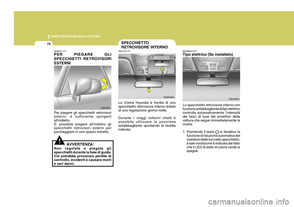 Hyundai Coupe 2006 Manuale del proprietario (in Italian) 1CARATTERISTICHE DELLA VETTURA
70
!
B520B02O-GTT Tipo elettrico (Se installato) Lo specchietto retrovisore interno con funzione antiabbagliante di tipo elettricocontrolla automaticamente l’intensit Hyundai Coupe 2006 Manuale del proprietario (in Italian) 1CARATTERISTICHE DELLA VETTURA
70
!
B520B02O-GTT Tipo elettrico (Se installato) Lo specchietto retrovisore interno con funzione antiabbagliante di tipo elettricocontrolla automaticamente l’intensit