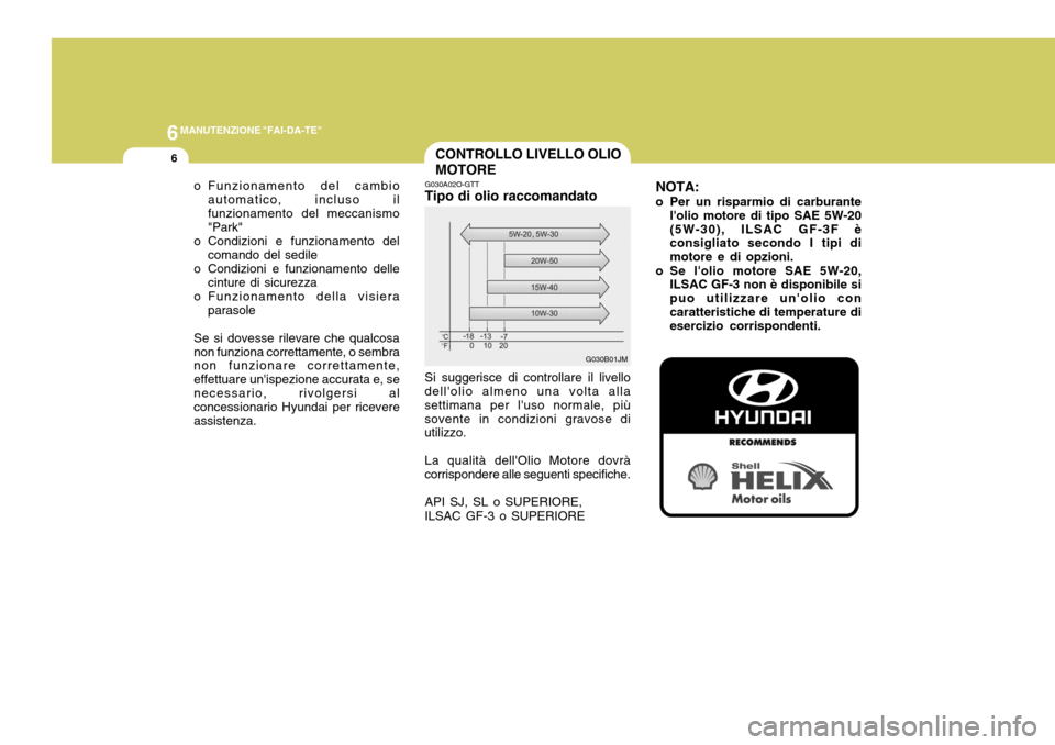 Hyundai Coupe 2005 Manuale del proprietario (in Italian) 6MANUTENZIONE "FAI-DA-TE"
6CONTROLLO LIVELLO OLIO MOTORE
G030A02O-GTT
Tipo di olio raccomandato Si suggerisce di controllare il livello
dellolio almeno una volta alla settimana per luso normale, pi Hyundai Coupe 2005 Manuale del proprietario (in Italian) 6MANUTENZIONE "FAI-DA-TE"
6CONTROLLO LIVELLO OLIO MOTORE
G030A02O-GTT
Tipo di olio raccomandato Si suggerisce di controllare il livello
dellolio almeno una volta alla settimana per luso normale, pi
