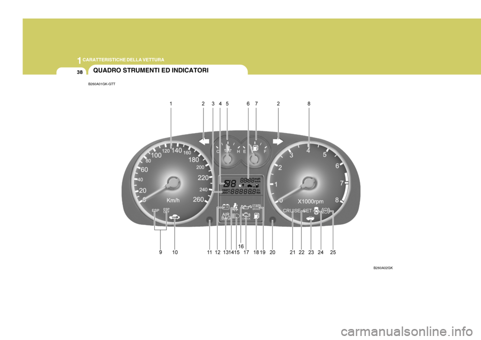 Hyundai Coupe 2005  Manuale del proprietario (in Italian) 1CARATTERISTICHE DELLA VETTURA
38QUADRO STRUMENTI ED INDICATORI
B260A01GK-GTT
B260A02GK  