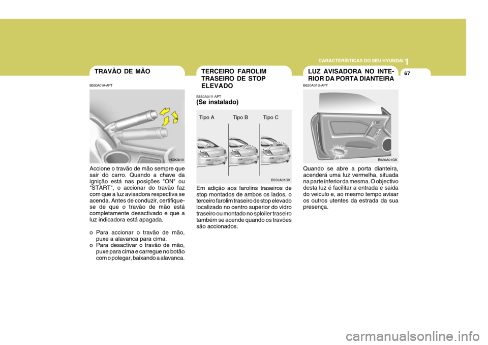 Hyundai Coupe 2005  Manual do proprietário (in Portuguese) 1
CARACTERÍSTICAS DO SEU HYUNDAI
67TERCEIRO FAROLIM TRASEIRO DE STOPELEVADO
B550A01Y-APT (Se instalado) Em adição aos farolins traseiros de stop montados de ambos os lados, o terceiro farolim trase