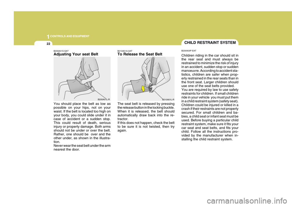Hyundai Coupe 2004  Owners Manual 1CONTROLS AND EQUIPMENT
22
B210A01A-AAT To Release the Seat Belt The seat belt is released by pressing the release button in the locking buckle. When it is released, the belt shouldautomatically draw 