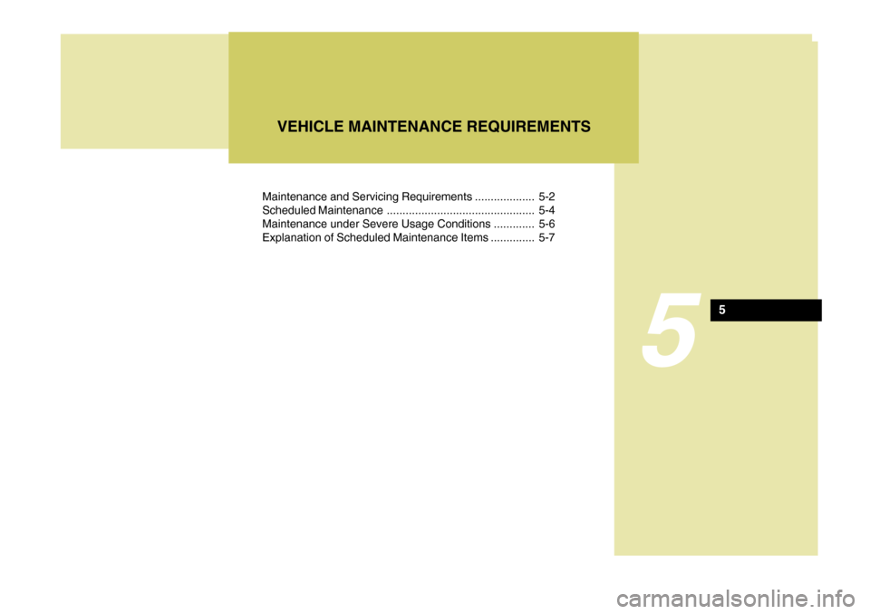 Hyundai Coupe 2004  Owners Manual 5
Maintenance and Servicing Requirements ................... 5-2 
Scheduled Maintenance ............................................... 5-4
Maintenance under Severe Usage Conditions ............. 5-6
