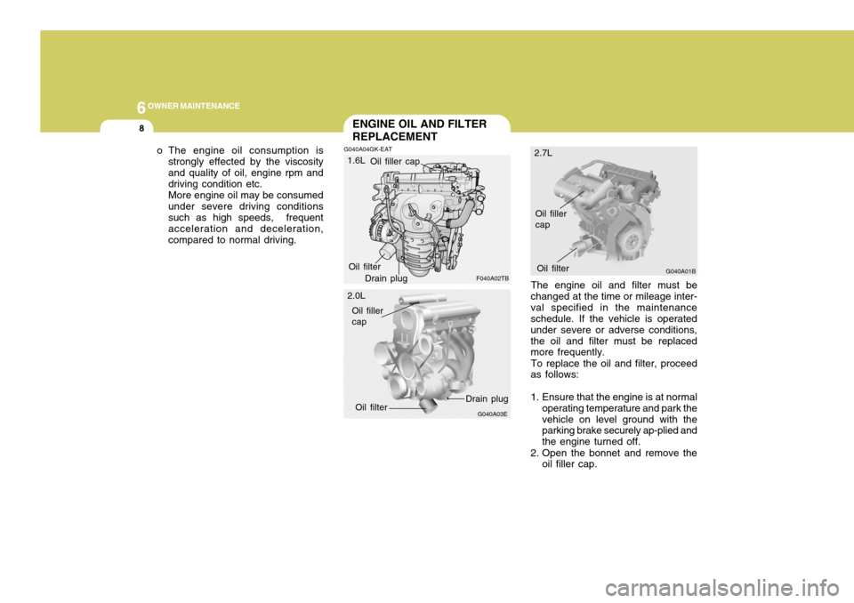 Hyundai Coupe 2004  Owners Manual 6OWNER MAINTENANCE
8ENGINE OIL AND FILTER REPLACEMENT
G040A04GK-EAT
o The engine oil consumption is
strongly effected by the viscosity and quality of oil, engine rpm and driving condition etc. More en