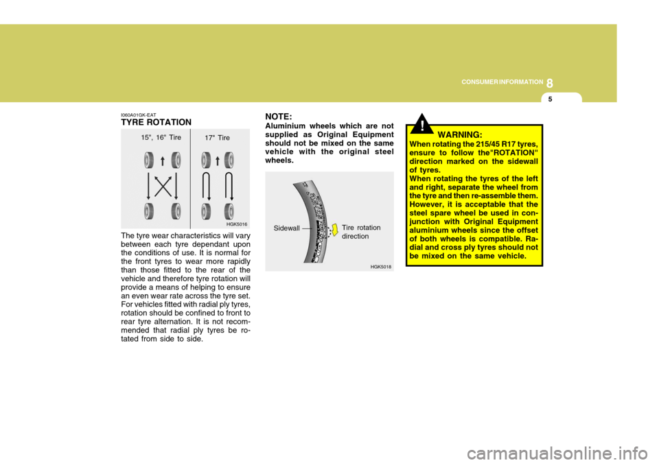 Hyundai Coupe 2004  Owners Manual 8
CONSUMER INFORMATION
5
HGK5016
!
I060A01GK-EAT TYRE ROTATION The tyre wear characteristics will vary between each tyre dependant upon the conditions of use. It is normal for the front tyres to wear 